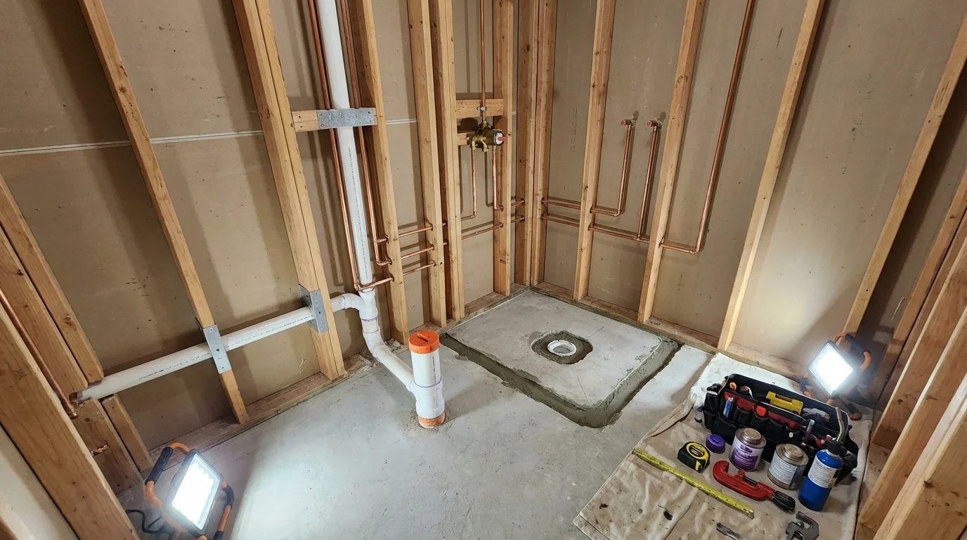 Bathroom rough-in plumbing during remodel by Johns Plumbing LLC in Moosup