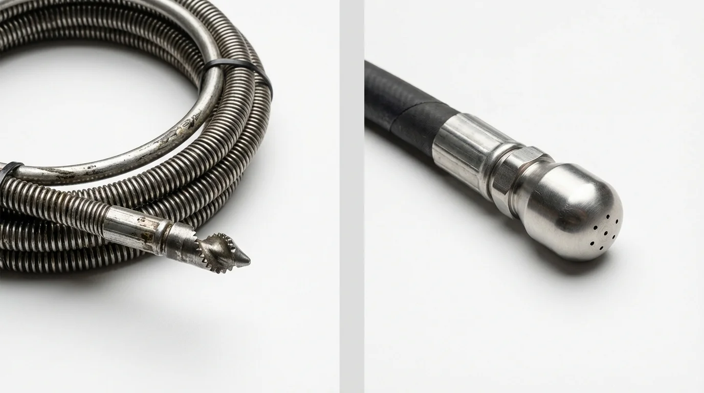 Drain snake cable and hydro jetting nozzle used for drain cleaning in Moosup, CT