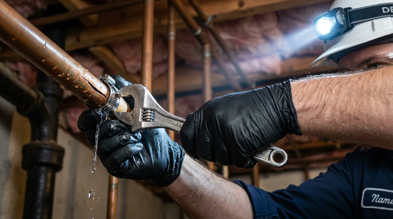 Emergency pipe clamp repair being performed by a Johns Plumbing LLC plumber in Moosup