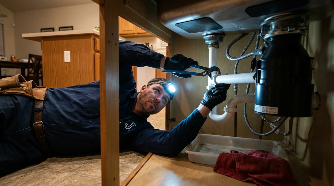 P-trap and supply line connections under a kitchen sink showing a common leak point in Moosup, CT
